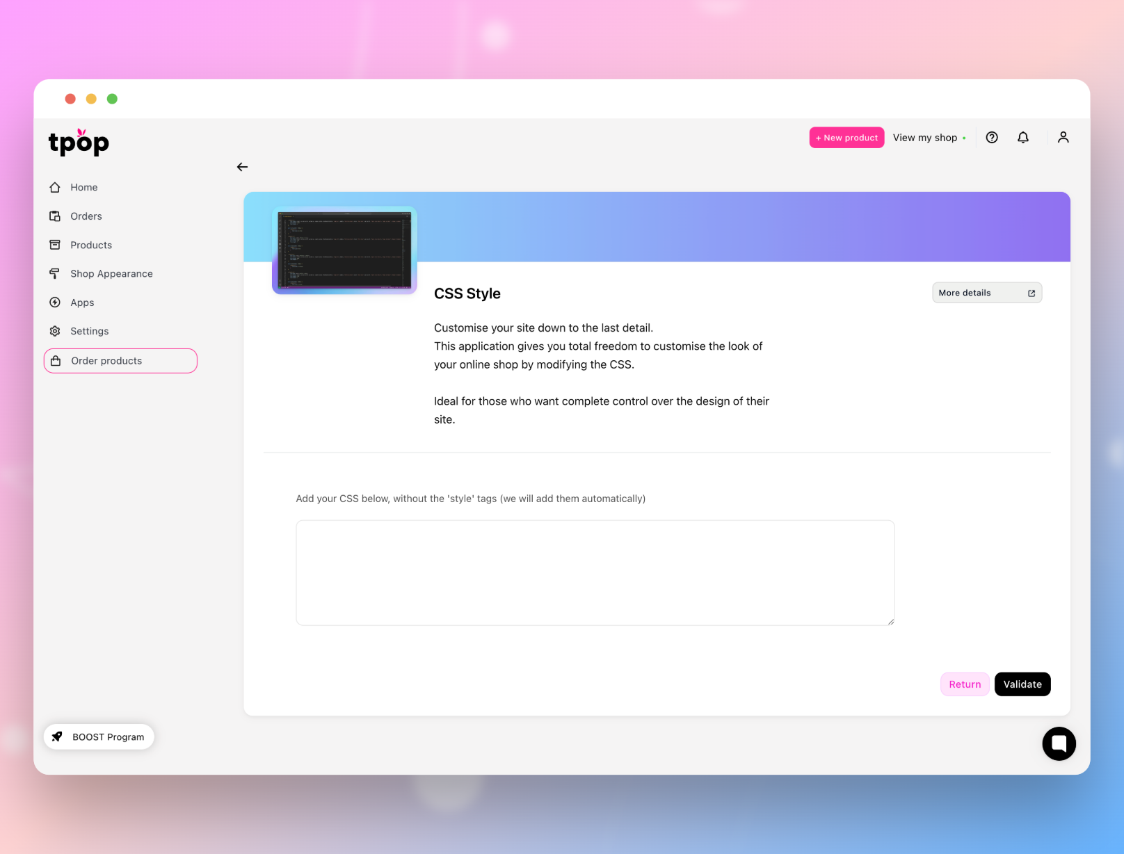 Print on demand -sovelluksen kojelauta
